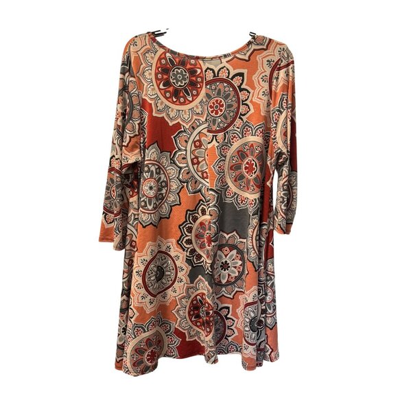 Boho-Chic 3/4 Sleeve Tunic Top By Hershe Sz L L Soft Mandala Print Orange & Gray - Picture 9 of 11